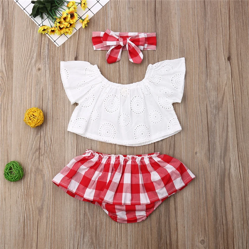 น่ารักทารกแรกเกิดเด็กทารก3Pcs Off ไหล่เสื้อ + ชุดสั้นลายสก๊อต + Headband Outfits 0-24M ใหม่