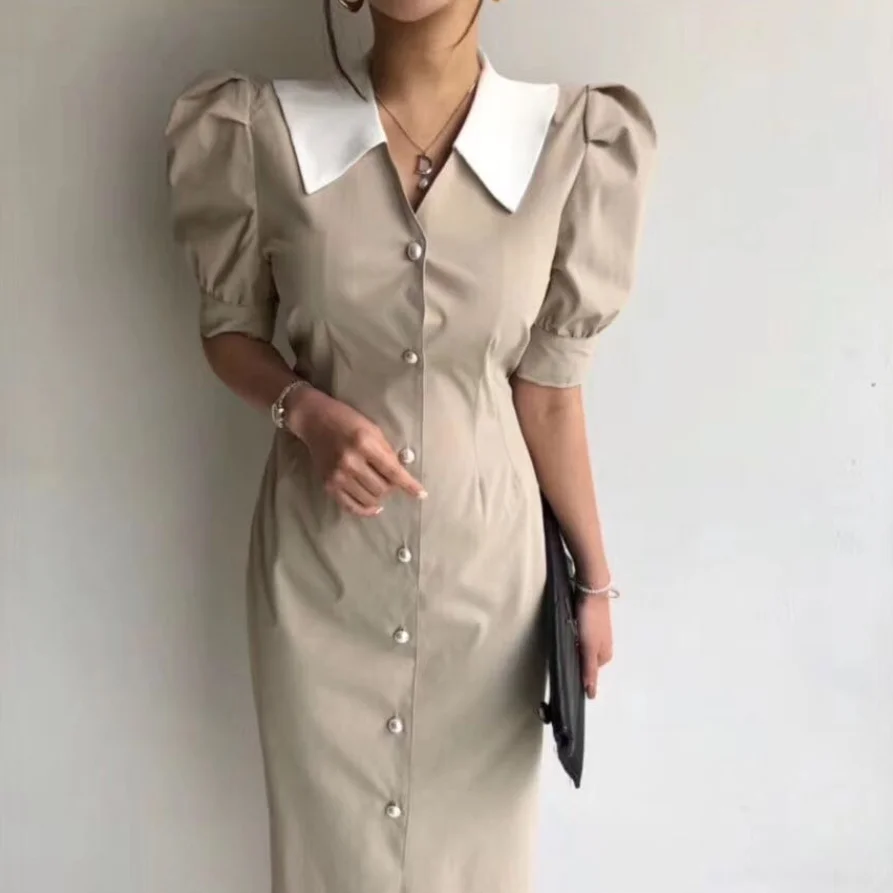 

Elegant French Summer puff sleeve Dress Women Fashion lapel slim single breasted ol pencil dress