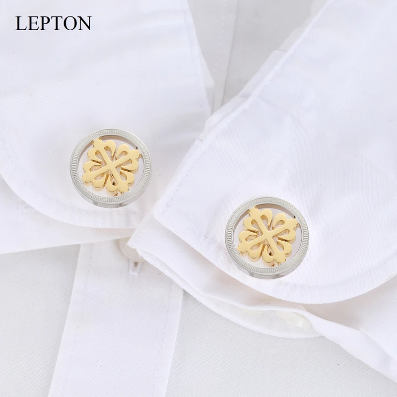 Lepton Silver & 18K Gold Color Crusaders Cufflinks Stainless Steel Round Cuff Links for Men Wedding Business Cufflink Gemelos