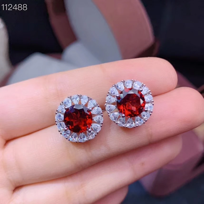 

exquisite new natural garnet stud earrings for women jewelry wine red color round gem real 925 silver girl birthday gift