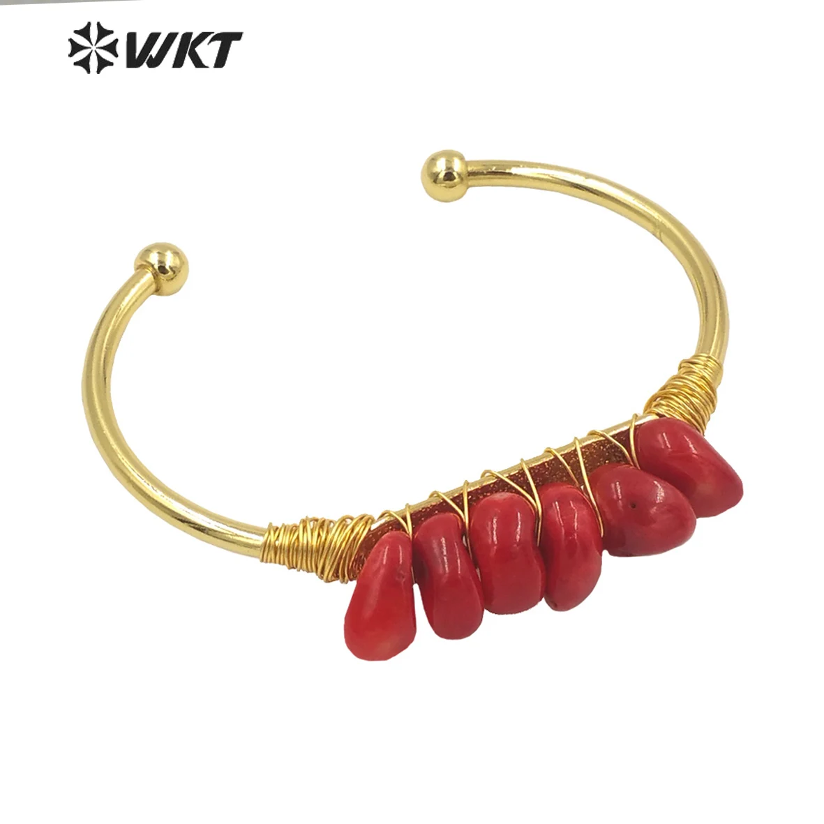 

WT-B578 Unique Natural Red Coral Handmade Wire Wrapped Gold Bangle Vintage Bohemian Open Size Cuff ACC For Women