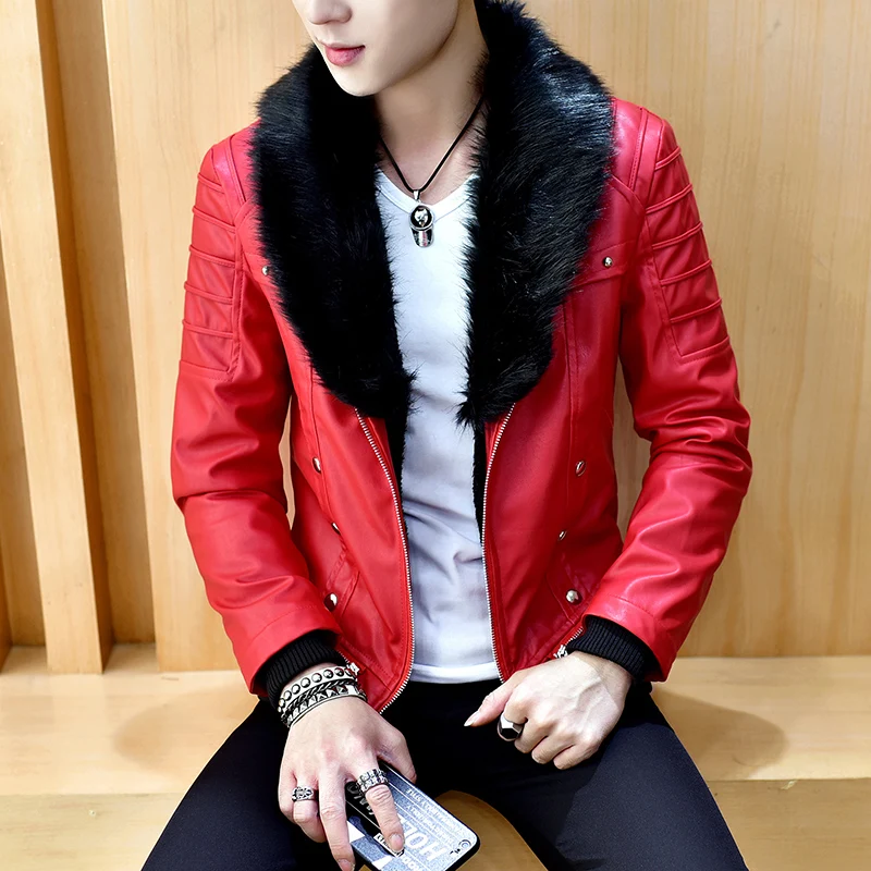 White Mens Fur Collar Leather Jackets Red Slim Fit Luxury Fashionable Faux Leather Coats Pu Bomber Jackets Stage Costumes Black