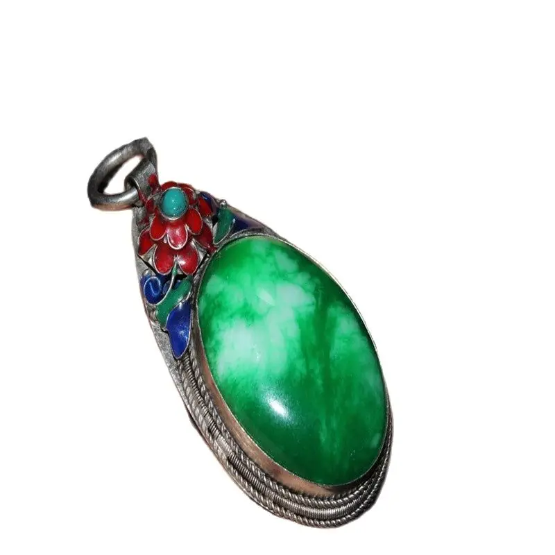 

China Old Tibetan Silver Inlaid Jade Pendant