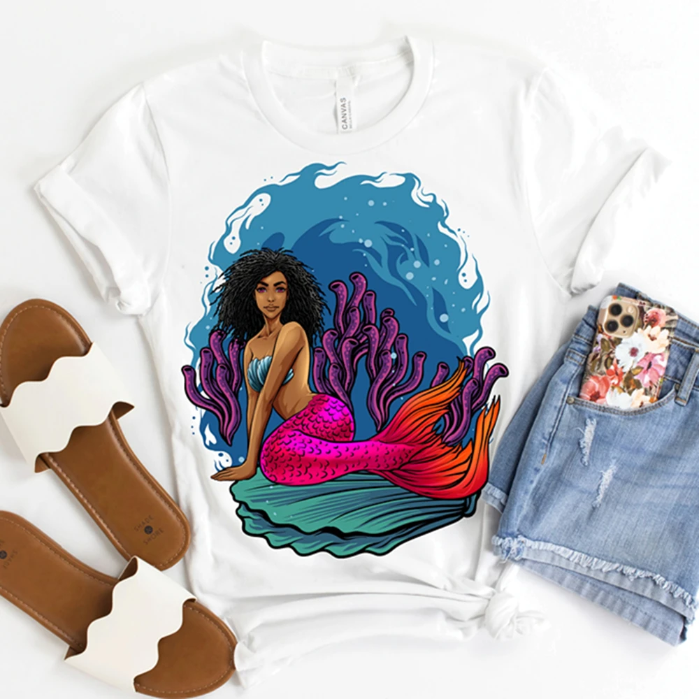 

Sexy Black Mermaid Shirt Cute Melanin Black Queen T-shirt Melanin Poppin Afro Woman Graphic Tee Vintage Aesthetic Tops