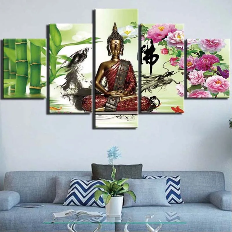 5Pieces Diy Diamond Painting Set Full Drills Bamboo Peony Zen Buddha Statue Embroidery Cross Stitch Rhinestone 5D Mosaic ZP-4127