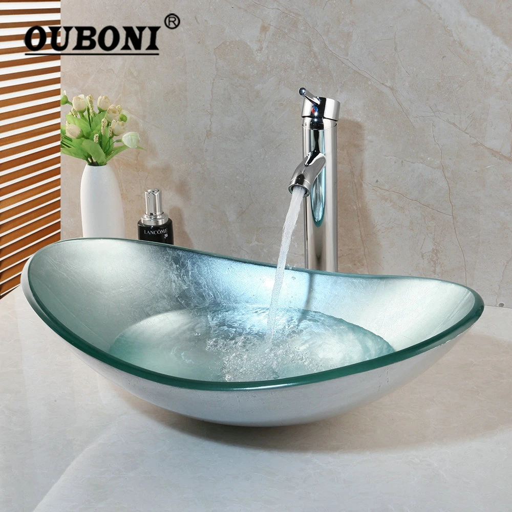 OUBONI Silver Shiny Bathroom Tempered Glass Basin Sink W/ Faucet Set Wash Basin Countertop Washroom Vessel Vanity Mixer Tap