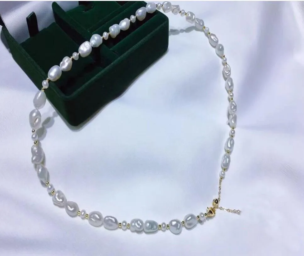 

10mm white Natural pearl 2mm gold bead necklace gold clasp extend chain freshwater pearl Jewelry 35cm 43cm 14inch 17inch