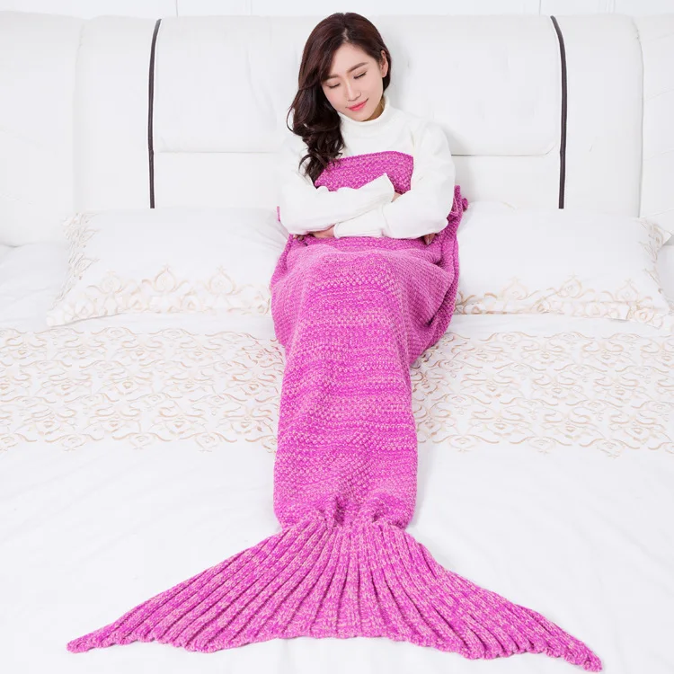 1PC Knitted Mermaid Tail Blanket Crochet Sleeping Bag Fish Scale Multicolor Knitted Cashmere TV Sofa Blanket Birthday QA 161