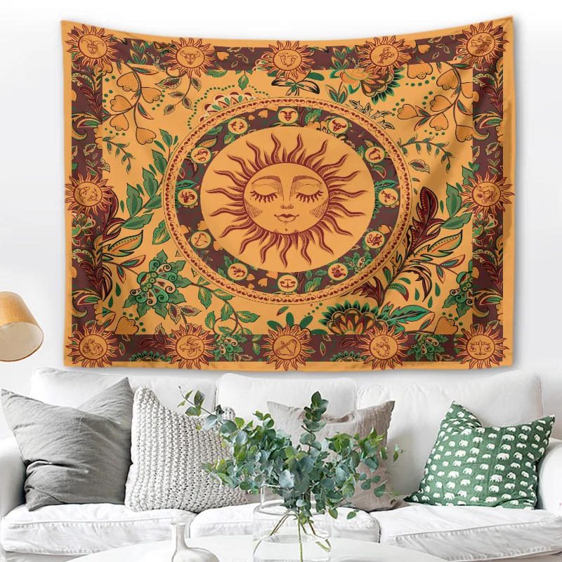 Burning Sun Tapestry Wall Hanging Floral Flower Vines Retro Mysterious Tapestries Hippie Bohemian Witchcraft Home Decor Blanket