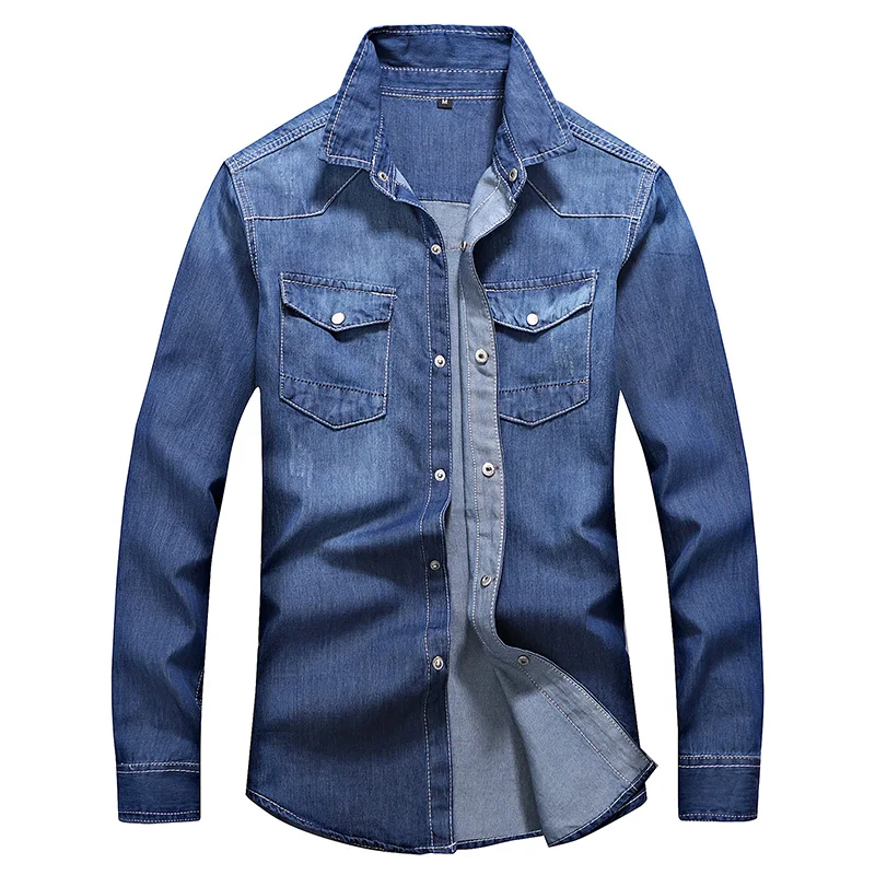 New style Spring Autumn Leisure time Men Denim Thin Shirt Long Sleeve Soft  Two Pockets Slim Slight  Jeans Cowboy