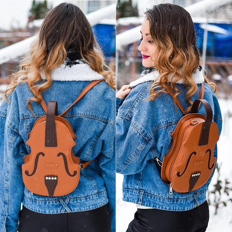 Fun Brown Violin Shape Shoulder Bag for Teenage Girls Fashion Backpack Travel School Bag Multiple Using Women Pouch Pu Leather