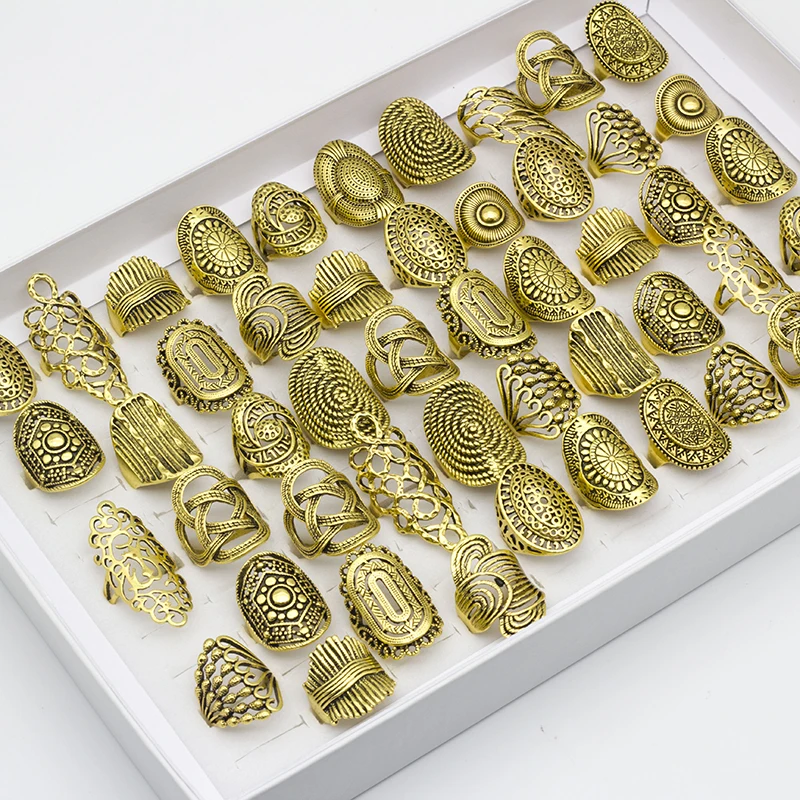 20 Pcs/Lot Gold Color Mix Style Vintage Carved Flower Rings For Women Wholesale Party Jewelry Gift