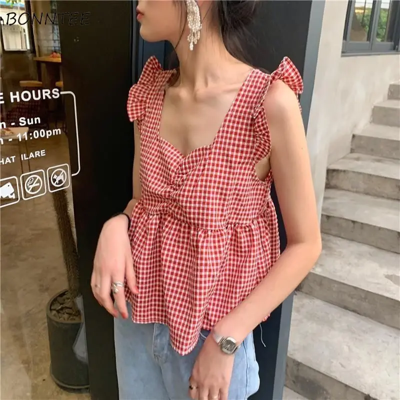 Plaid Tanks Women Loose All-match Fashion Sweet Simple Cozy Korean Style Leisure Bandage Female Streetwear Crop Tops Breathable