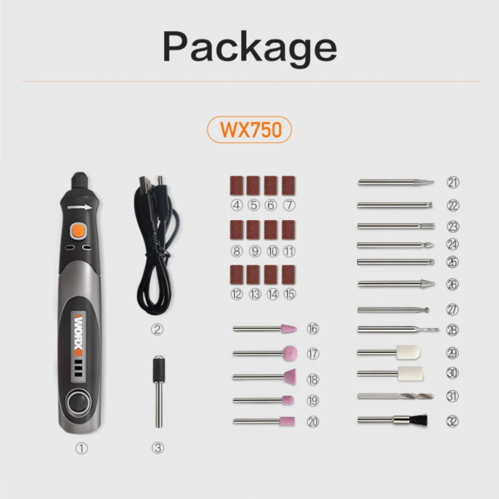 Worx-4V Ferramenta rotativa sem fio, WX750, mini gravação, moagem, polimento, carregador USB recarregável, ferramenta elétrica de velocidade variável
