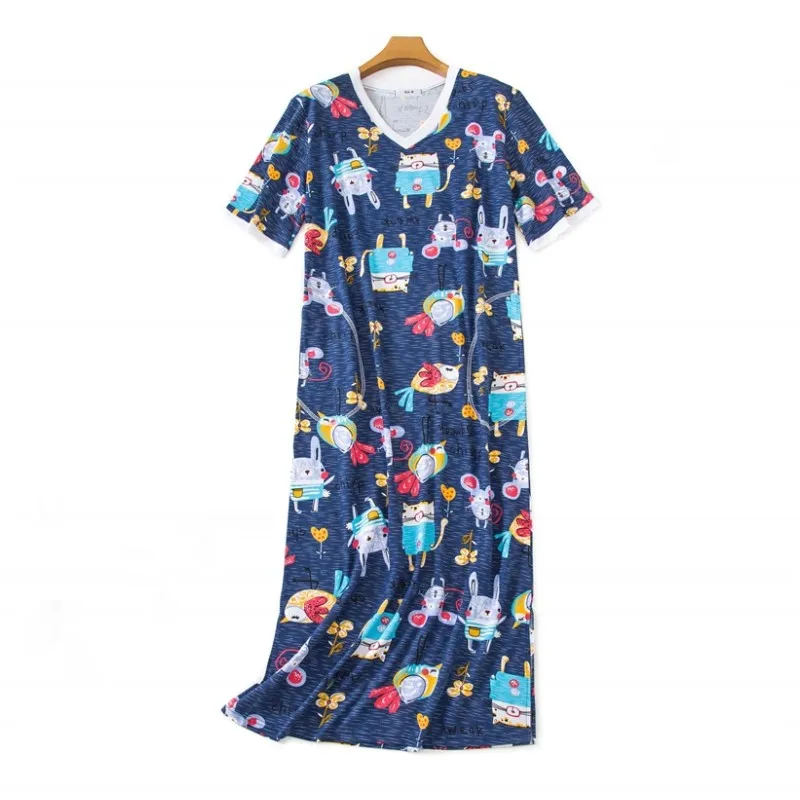 2024 Summer Women Cartoon Sleep Dress Cotton Sleepshirts Short Sleeve Nightgown Plus Size Loungewear Home Dress Nightdresses