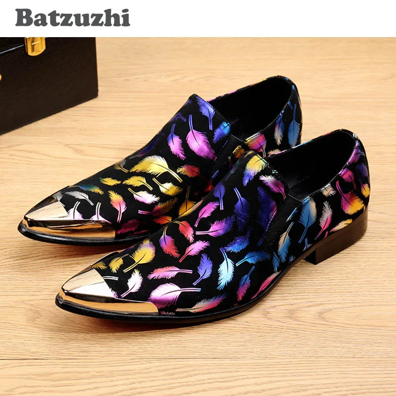 

Batzuzhi Italian Style Men Shoes Black Suede with Colorful Print Feathers Gold/Silver Point Metal Toe Men's Dress Shoes Wedding