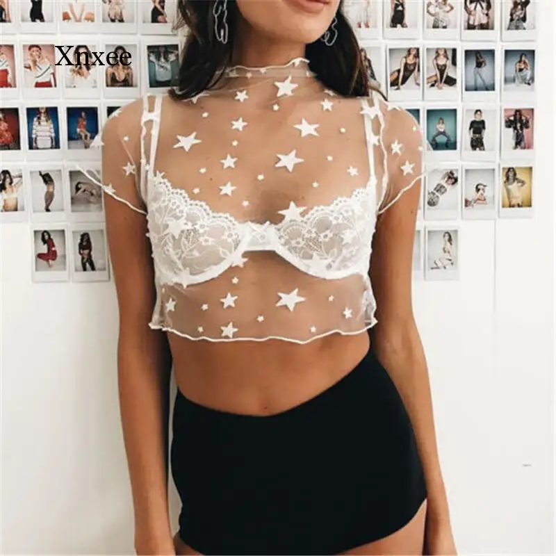 Women See Through Star t Shirts Mesh Crop Tops Fashion Sexy Ladies Short Sleeve Printing Transparent Lace Tees Top Black White