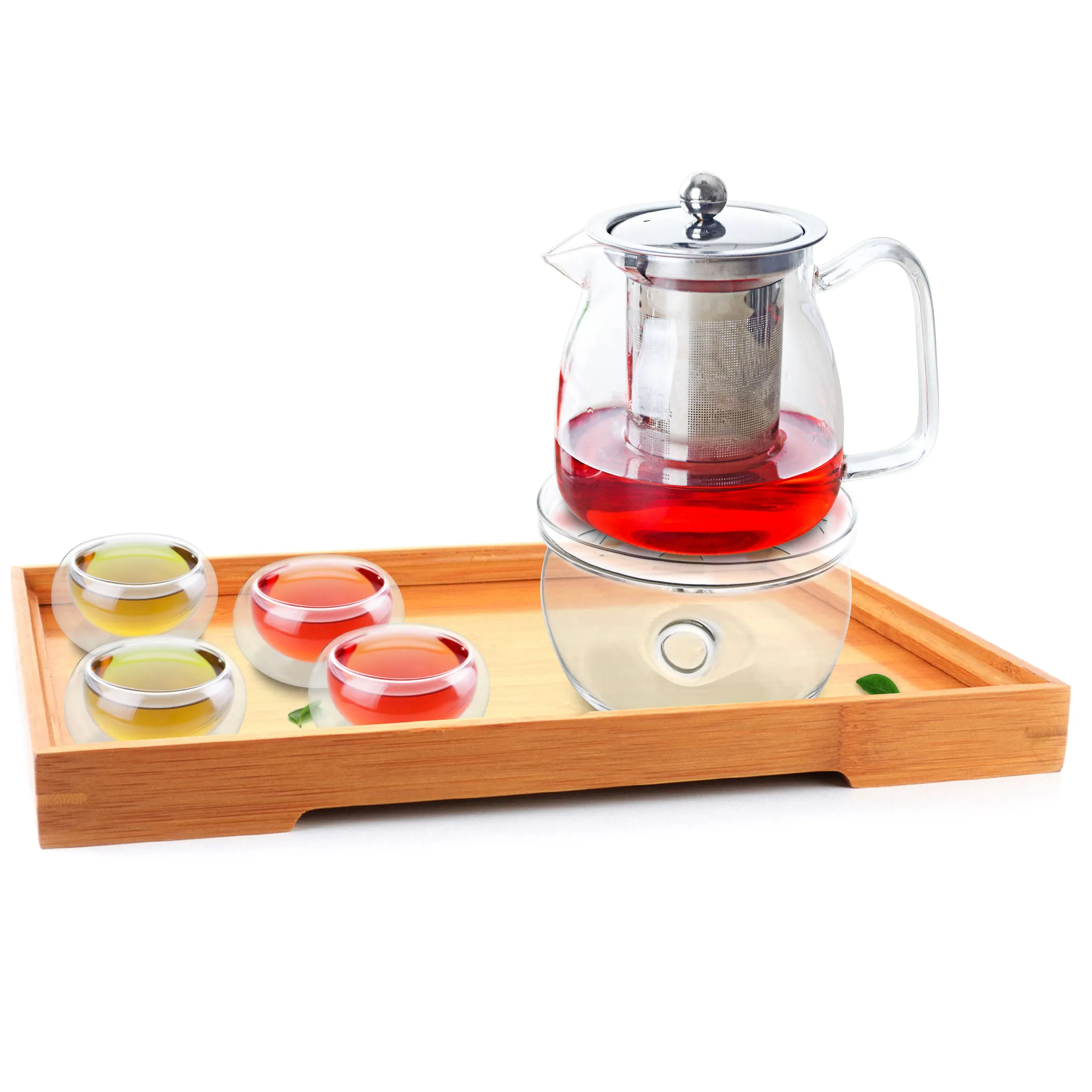 

1x 7in1 Kung fu Coffee Tea Set E-575ml Glass Flower Tea Pot with Stainless Steel Infuser+4*Double Wall Cup +Warmer + Bamboo Tray