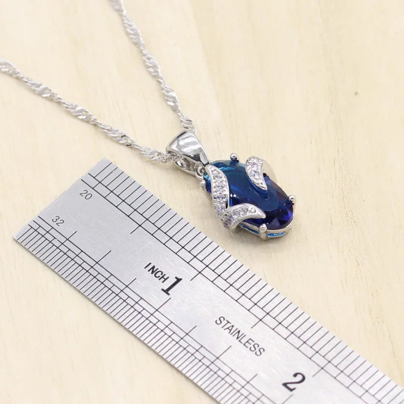 Oval Royal Blue Semi-precious Women Silver Color Jewelry Sets with Bracelet Necklace Pendant Earrings Ring Birthday Gift