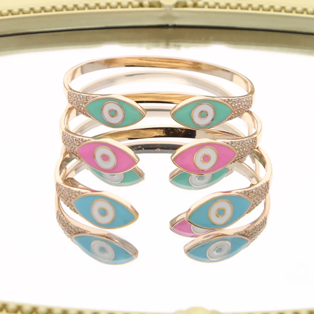 Cute lovely colorful enamel lucky turkish evil eye charm open adjusted cuff bangle bracelet for women