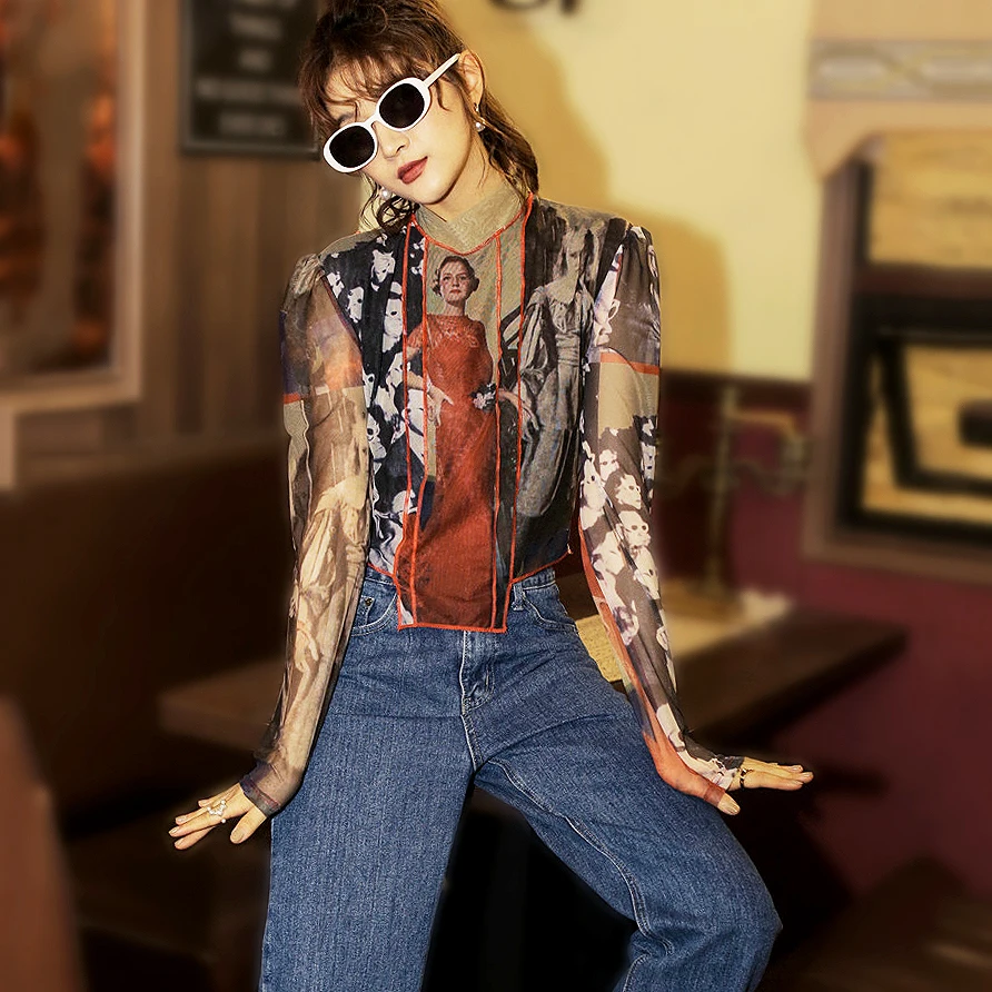 Spring Summer New Style Women\'s Tshirts Mesh Patchwork Long Sleeve Top\'s Women Retro Style Crop Top T-shirt Clothes SL420