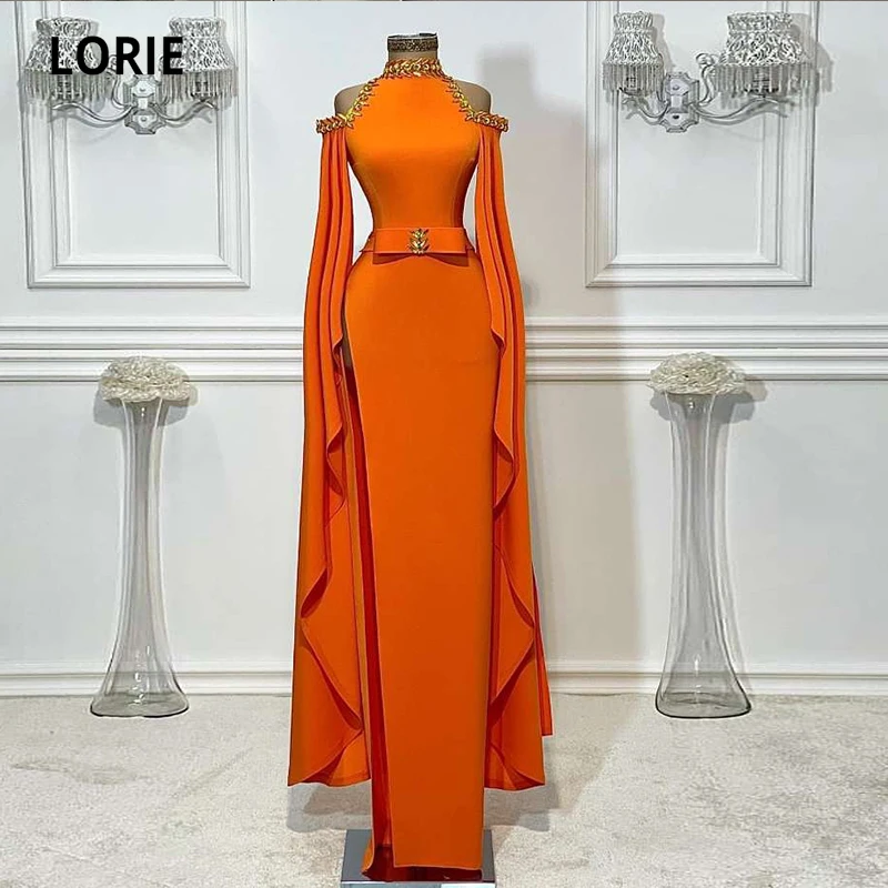 LORIE-vestido de noche naranja con cuello alto y cuentas de diamantes de imitación, manga larga, sirena, fiesta de graduación, 2021