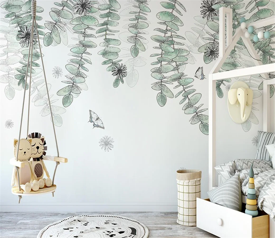 Custom size mural small fresh leaves indoor plant background wall home decoration living room bedroom background 3d wallpaper