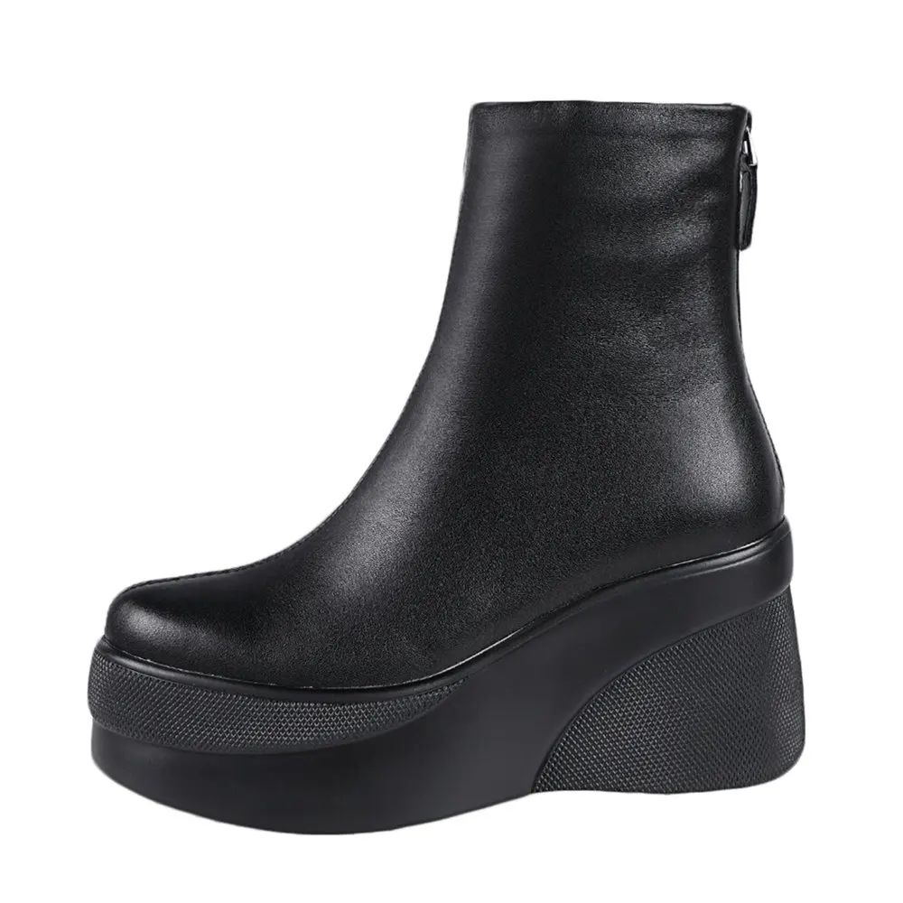 MILI-MIYA New Fashion Women Brand Wedges Ankle Boots Genuine Leather Black 2020 Ladies Round Toe High Heels Platform Shoes