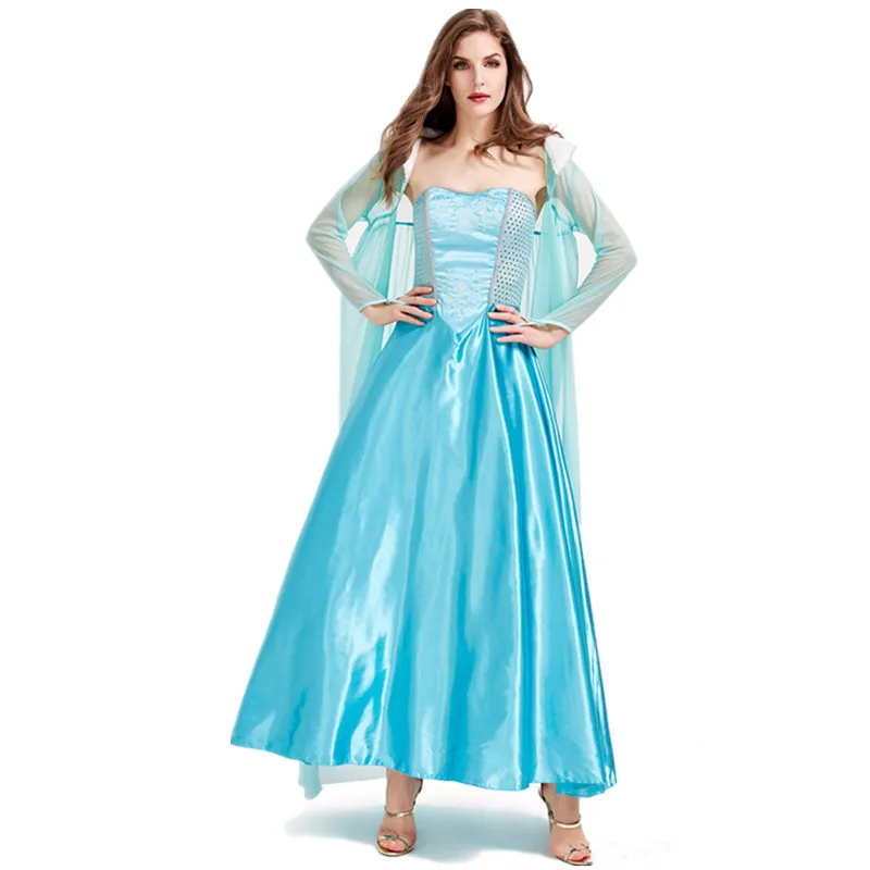 

Halloween Cosplay Fairy Tale Princess Costume Women Light Blue Tube Top Sexy Long Dress With Cloak