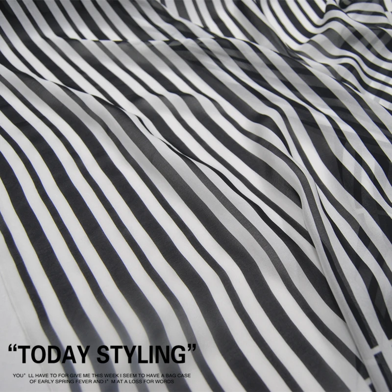 Silk Chiffon Fabric Dress Positioning Stripes White Black Stripes Real  100%  clothing Cloth  DIY Sewing Tissue 85cm