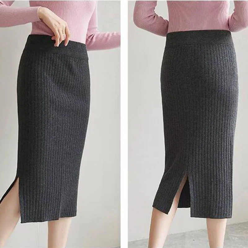 50-60-70 CM Fashion Autumn Winter Korean Knitted Women Skirts Elastic High Waist Split A-line Female Sexy Ribbed Skirts