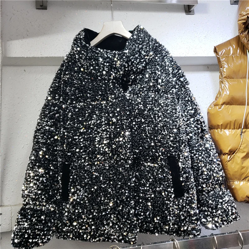 Winter Women Fashion Sequins Loose Down Jackets Street Stand Collar Thick Casual Parkas Black Preppy Style Short Cotton Coats