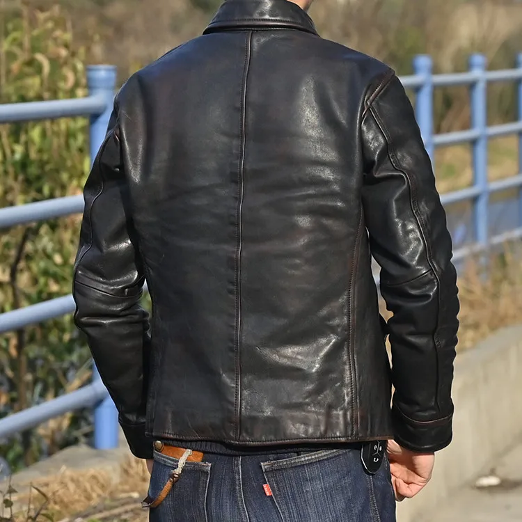 2022 Vintage Style Slim Tea Core Horsehide Jacket High Quality Genuine Leather Coat Men Classic Casual