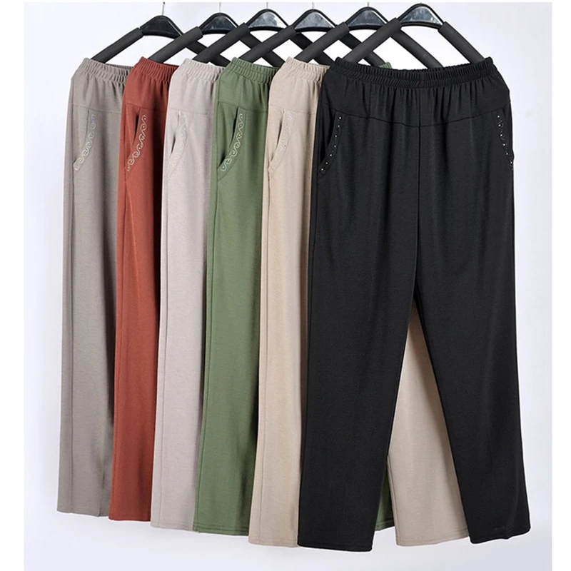 Middle-aged Women Spring Summer Pant Thin Elastic Waist Straight Pants Mother Clothing Casual Nine Points Pants Female XL-5XL