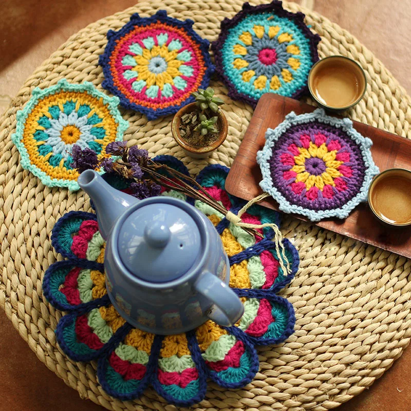 

Colorful Handmade Crochet Placemat Pastoral Cup Coaster Kitchen Table Decor Place Mats Tea Coffee Doily Handmade Knitting Pads