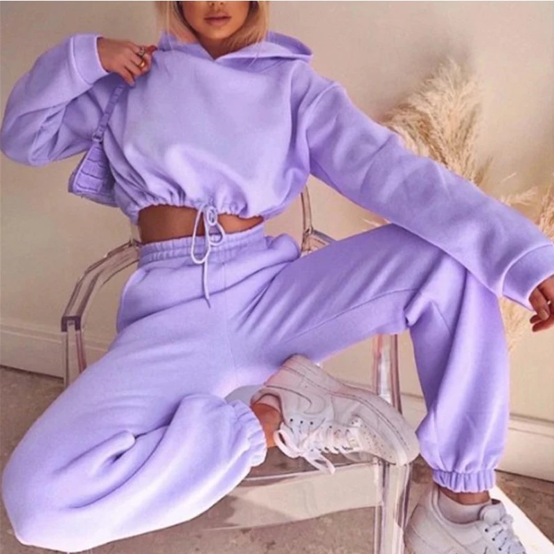 New Street Hot Fashion Casual Sweatshirt Solid Color Thick Two Piece New Sports Leisure Suit Long-Sleeved Style Womens Suit