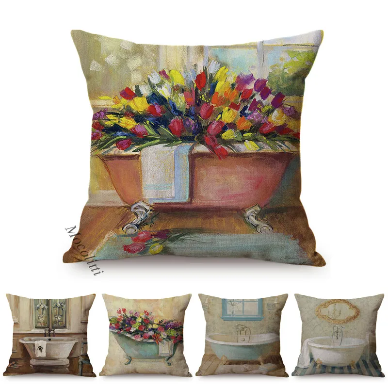 Victorian Bathtub Bouquet Oil Painting Art Home Decoration Sofa Throw Pillows Cover Cotton Linen Classic Bedroom Cushion Cover