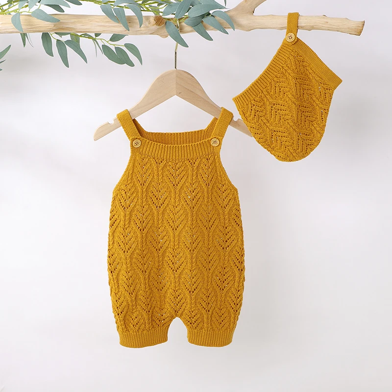 

Baby Bodysuit Knitted Cotton Newborn Girl Boy Jumpsuit Outfit Sleeveless Summer Infant Kid Clothing Hat Hollow Out 2PCS Playsuit