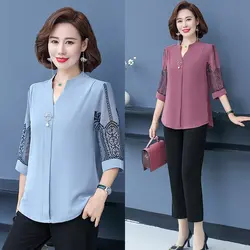 Korean Shirts Tops Women Blouses Office Chiffon Shirts Elegant V-collar 3/4 sleeve Women Tops blusas