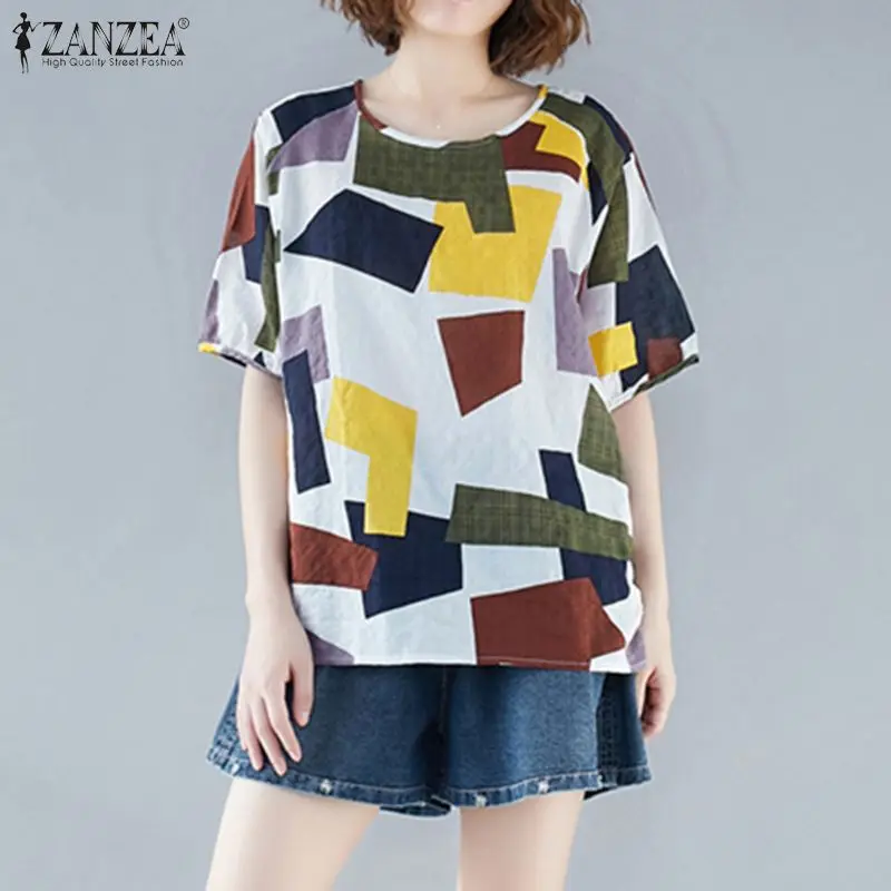 Summer Blouse ZANZEA Women Vintage Printed Tops Casual O Neck Short Sleeve Shirt Female Loose Tunic Blusas  Chemise