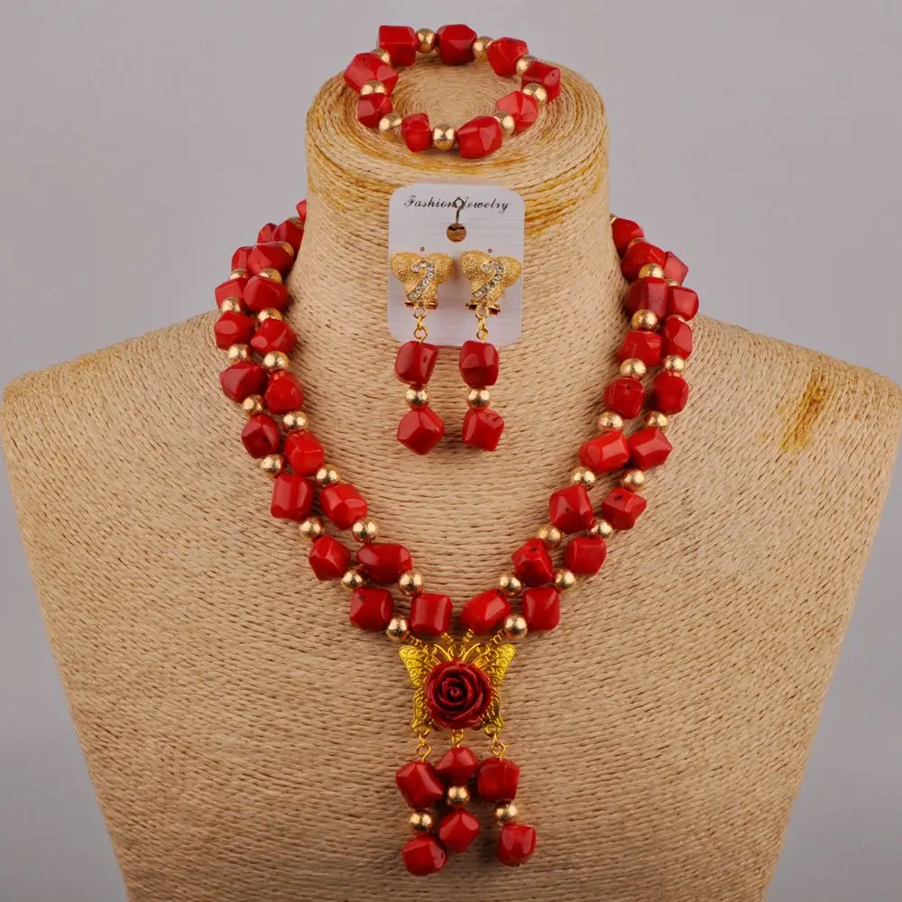 

Nigerian Bride Wedding Butterfly Accessories Red Natural Coral Necklace African Wedding Banquet Wedding Jewelry Set AU-535