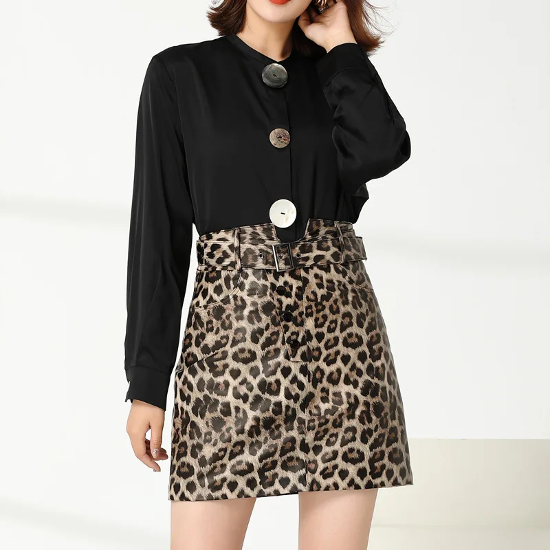 

2020 new high quality fashion sexy bag hip high waist leather skirt female sheepskin leopard skirt