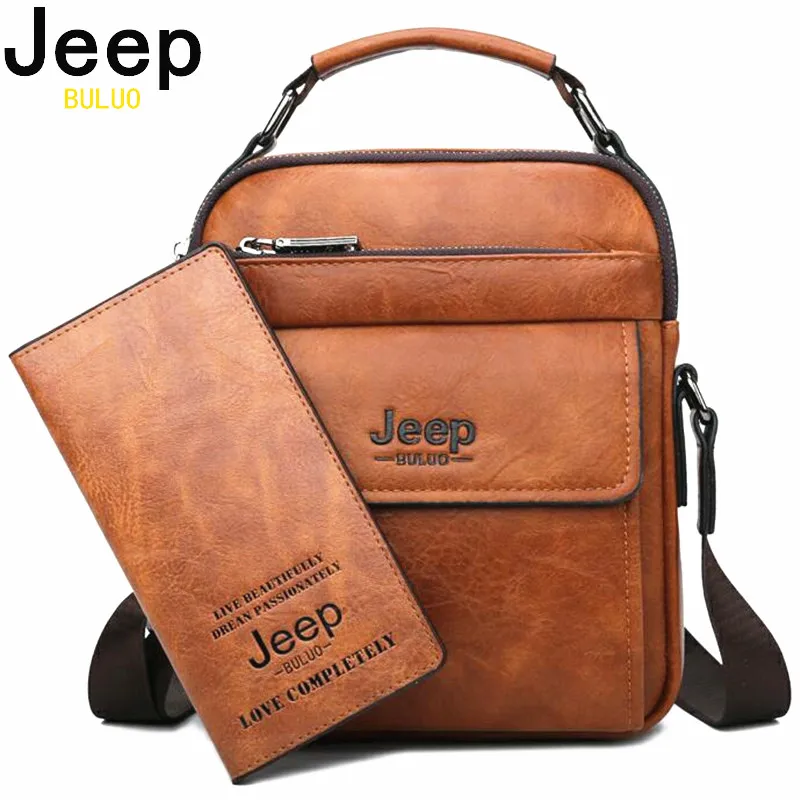 JEEP BULUO Brand Men\'s Messenger Fashion Split Leather For Men Tote Bag Men Shoulder Bags High Quality Handbags New 2PC/Set