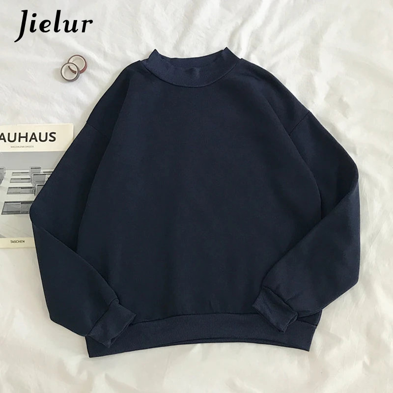 Jielur New 9 Colors Pink Green O-neck Hoodies Women Winter Autumn Pullover Sweatshirt Female Pure Color Loose Tracksuit M-XXL