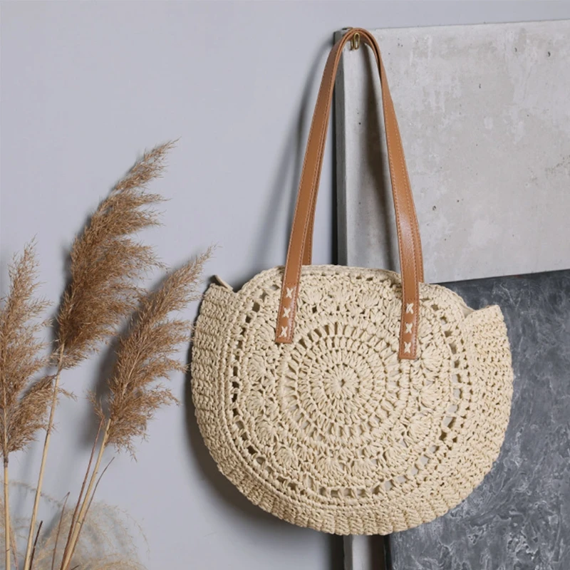 Women's Straw Handbags Large Summer Beach Tote Woven Round Bottom Handle Purse Shoulder Bag Vocation Handbag K5DA