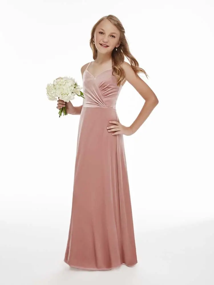 Dusty Rose ราคาถูก Junior Bridesmaid ชุดภายใต้50 A-Line สายรัดสปาเก็ตตี้ความยาวชั้นชีฟองยาวชุดแต่งงาน