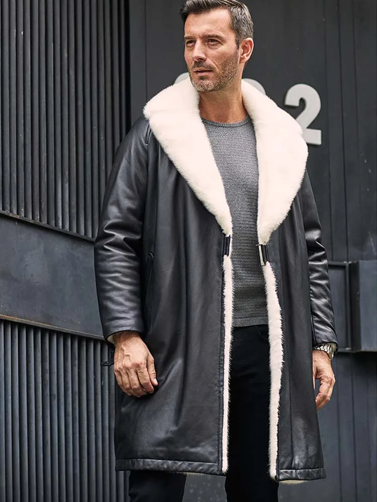 Mens Cowhide Jacket Long Fur Coat Black Leather Overcoat Double-Sided Mink Parkas Warm Winter Outwear