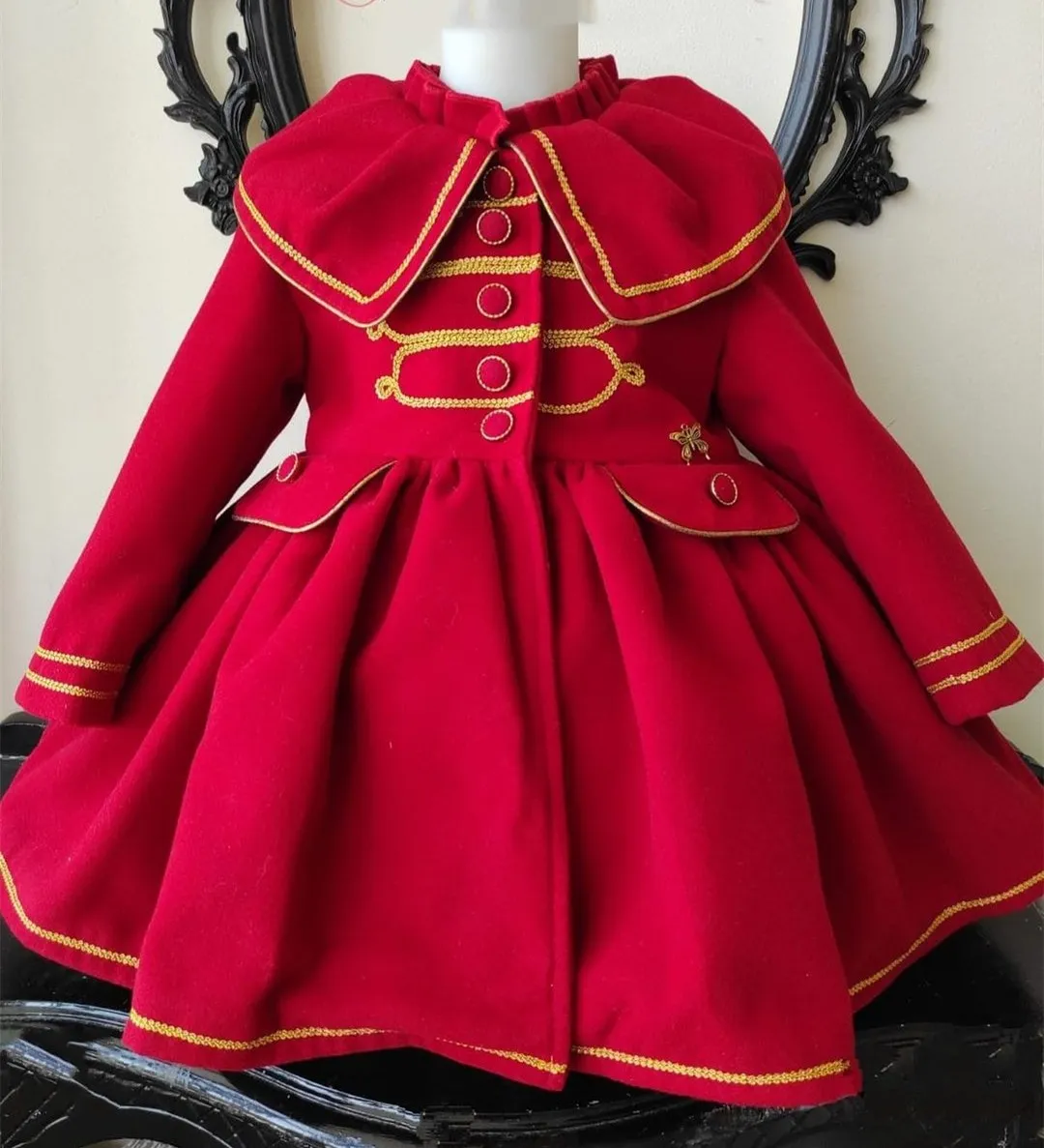 1-12Y Baby Girl Autumn Winter Handmand Customized Palace England Spanish Red Princess Wool Coat for Casual