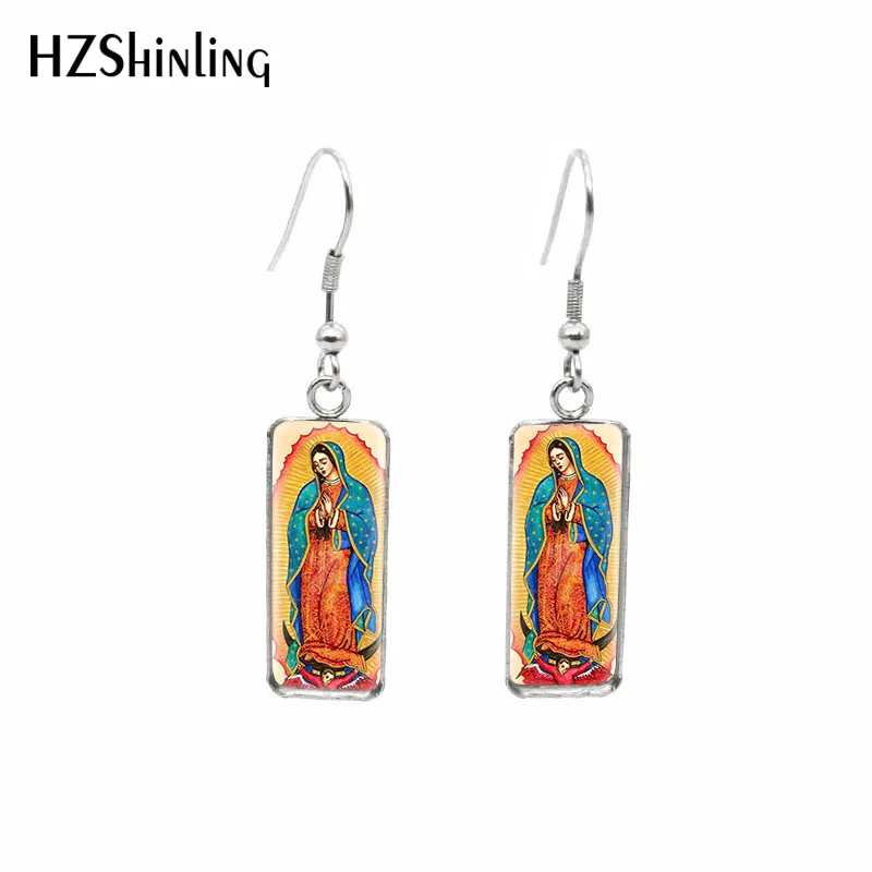 Pendientes rectangulares de Nuestra Señora de Guadalupe, joyería de vidrio para Religión, pez Virgen María, Hool, novedad de 2019