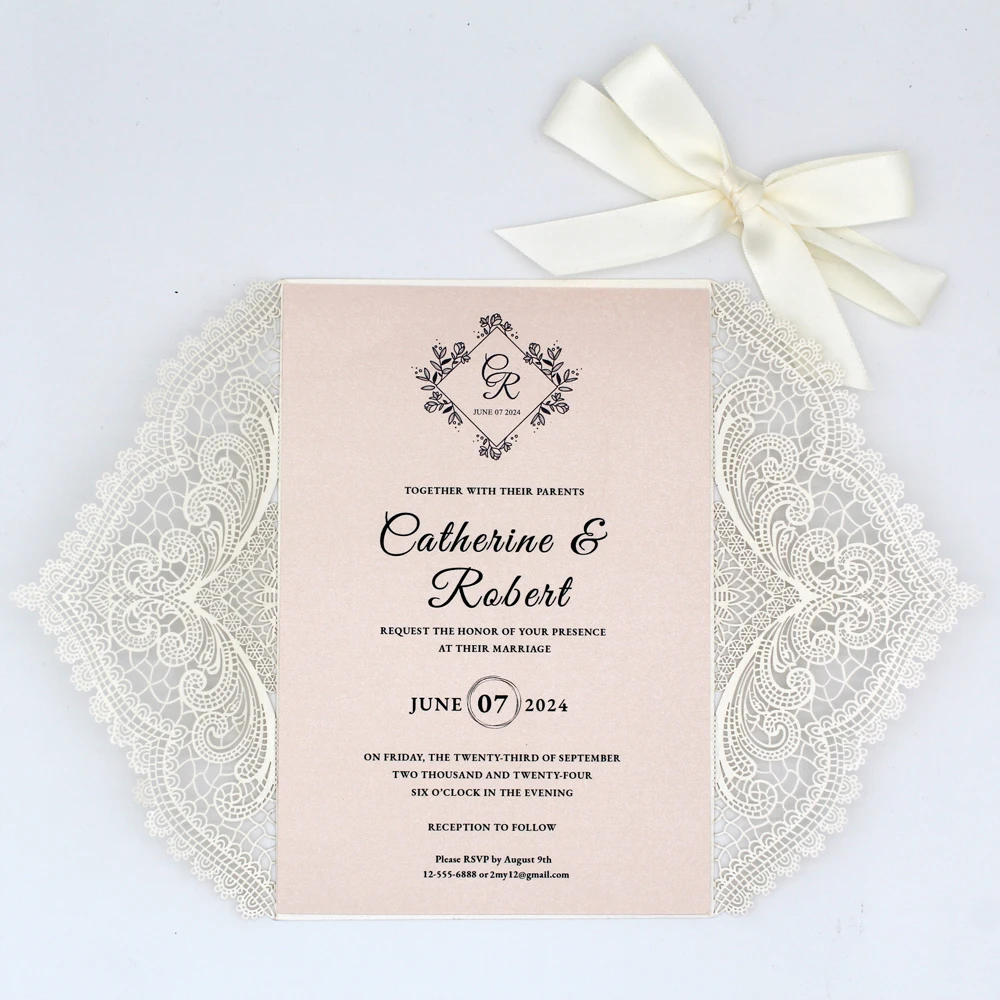 White Lace Laser Cut Wedding Invitations with Blush Pink Shimmer Insert, Elegant Invite Cards for Wedding - Set of 50 pcs